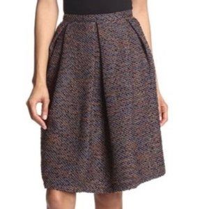 d.RA NAVY BLUE GOLD BROWN TWEED METALLIC FULL KNEE SKIRT LARGE NWT